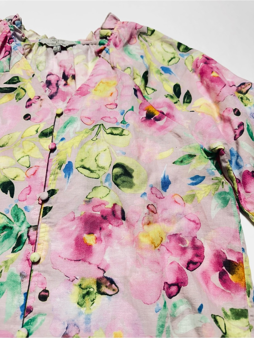 Linen Cotton Floral Blouse S Watercolor Cottagecore Romantic Boho Top - Picture 8 of 10